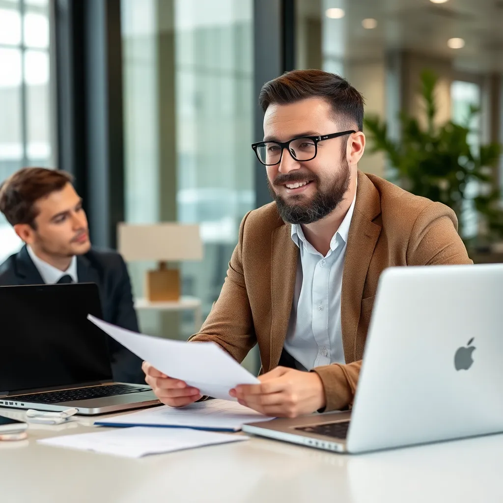 Unternehmer bei internationalen Geschäftsverhandlungen mit Dokumenten und Laptop