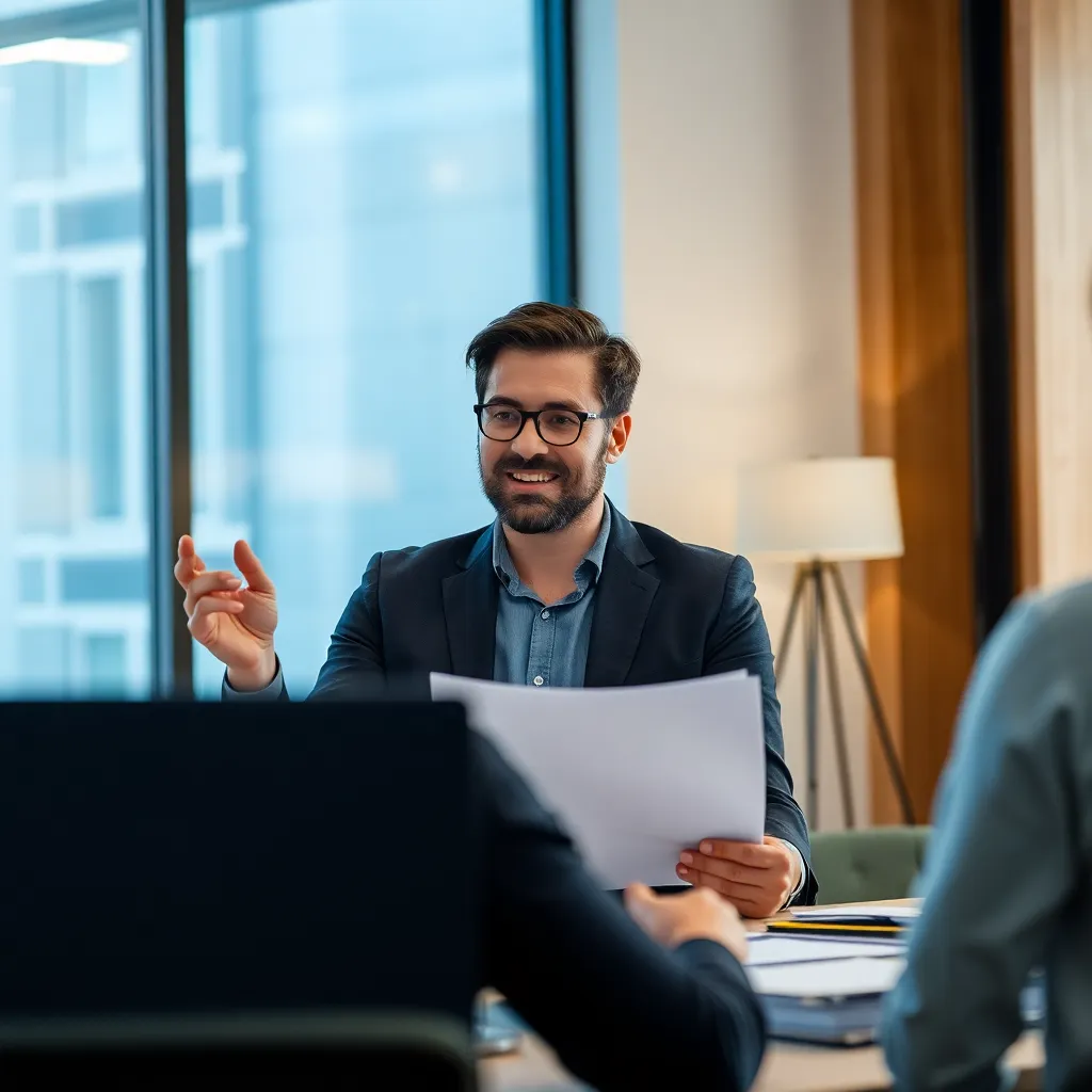 Gründer präsentiert Geschäftsplan bei einer Förderagentur