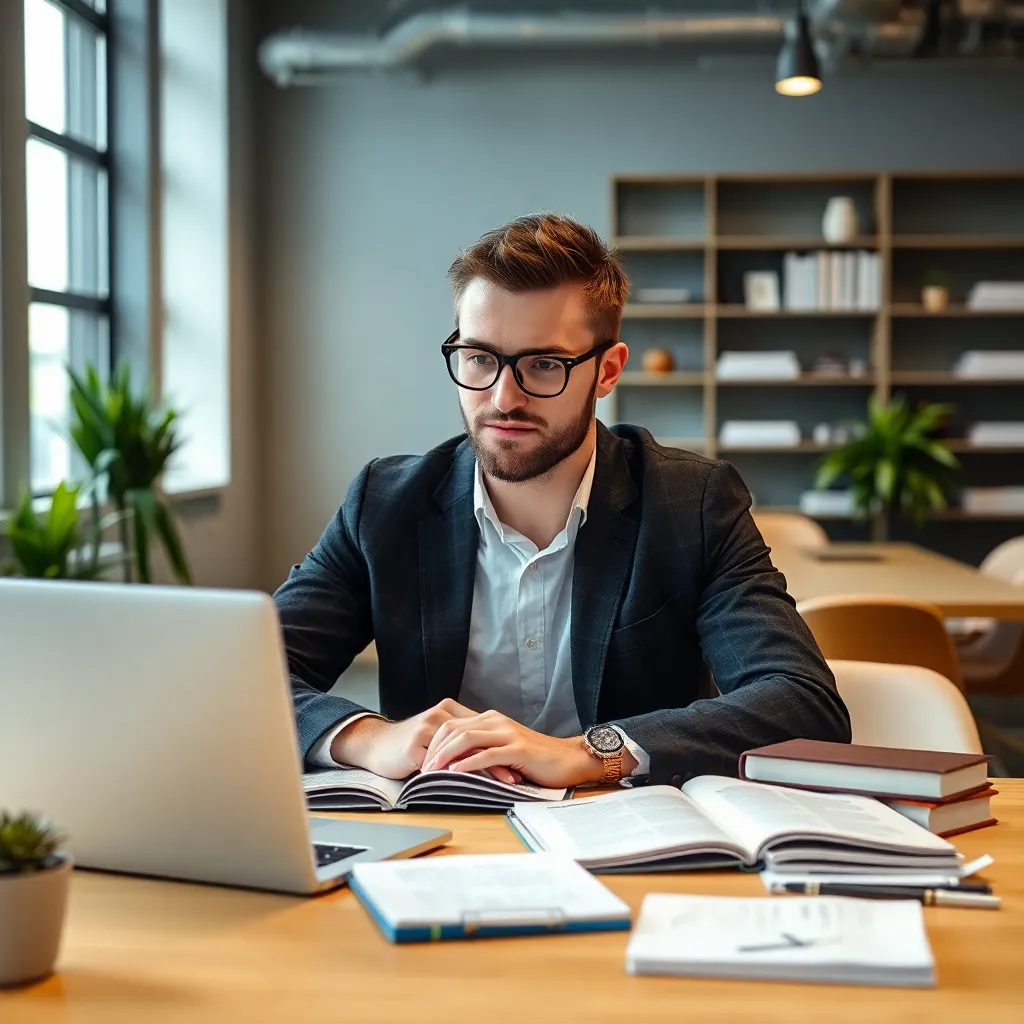 Unternehmer studiert Geschäftsdokumente und rechtliche Unterlagen