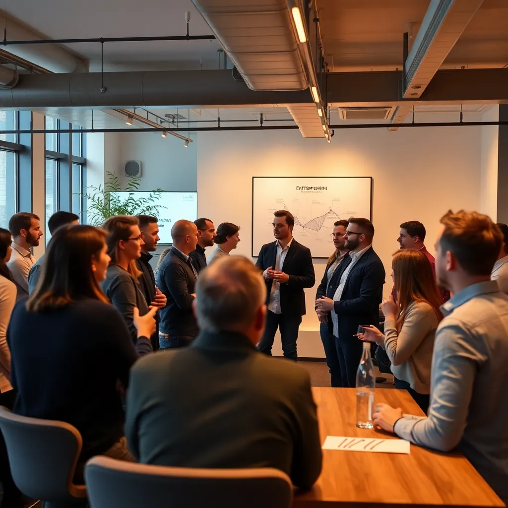 Netzwerktreffen von Unternehmern in einem modernen Coworking Space in München