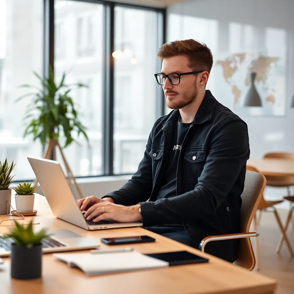 Junger Unternehmer arbeitet an seinem Startup in einem modernen Büro in Berlin